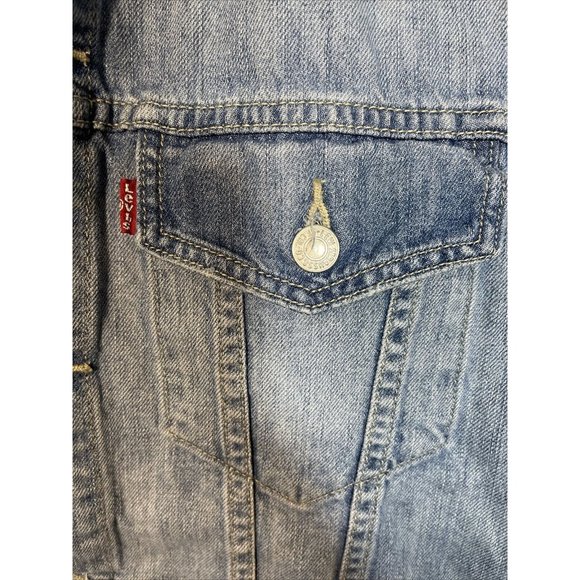 Levis Trucker Vest Blue Denim Mens Size M 4 Pockets American Flag Back - Picture 2 of 7